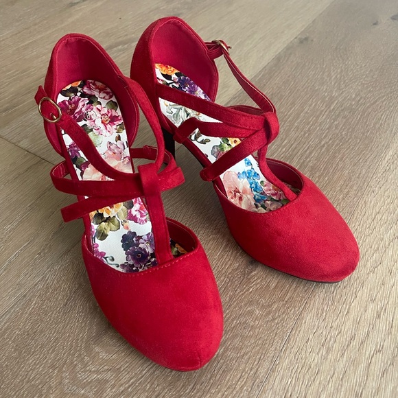 Shoes - Room of Fashion brand. Red Strappy Heels with Floral Insole
